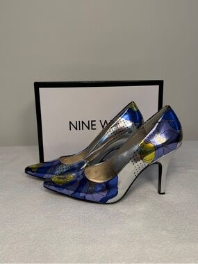 Nine West Metallic Floral Pumps Blue Purple Pointed Toe Stiletto Heels Size 8.5